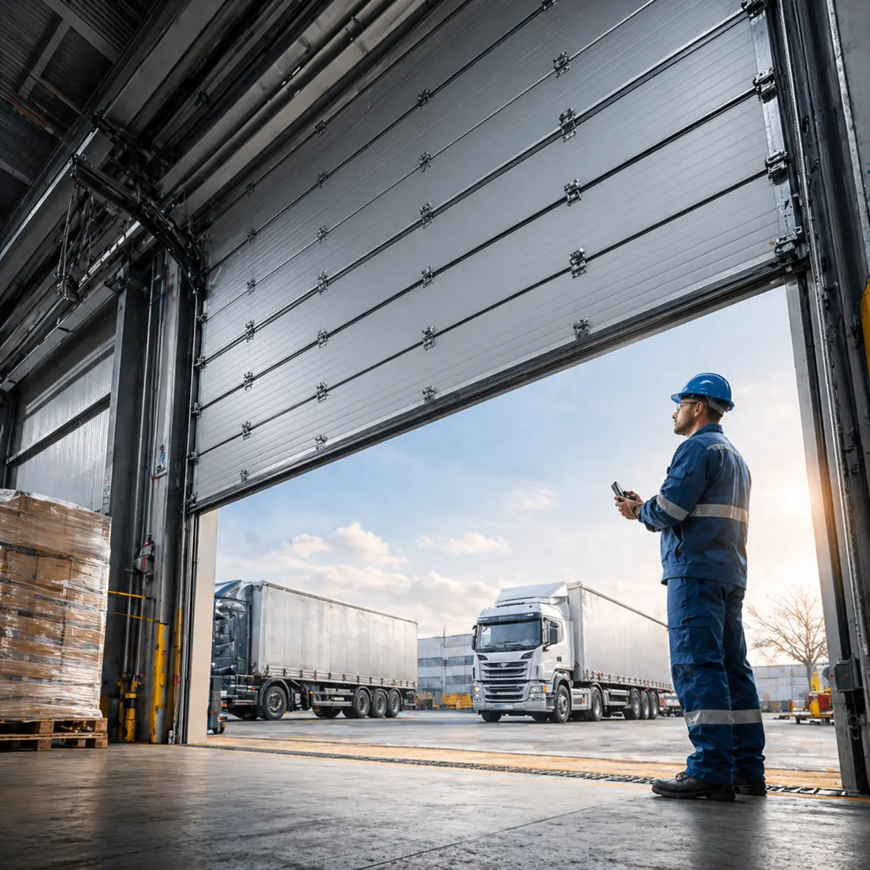 Commercial garage door repair technician servicing high-cycle door system