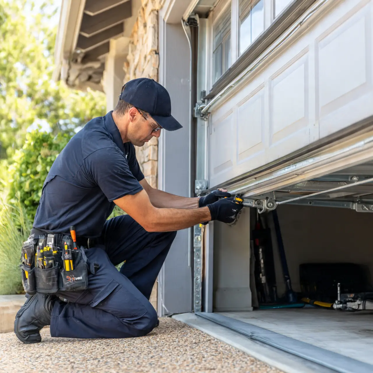 Residential garage door repair technician fixing door in Frisco TX