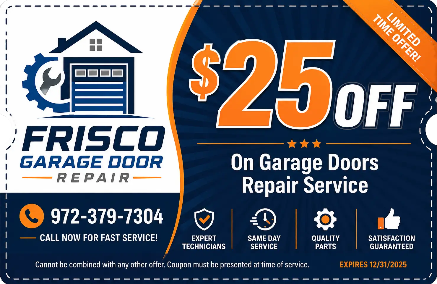 Garage Door Repair $25 Off Coupon in Frisco TX